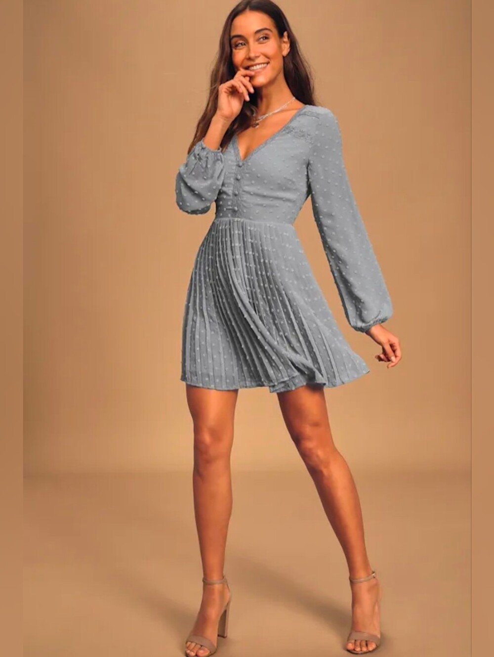 Lulus Poetic Love Dusty Blue Swiss Dot Long Sleeve Pleated Mini Dress, Size XS